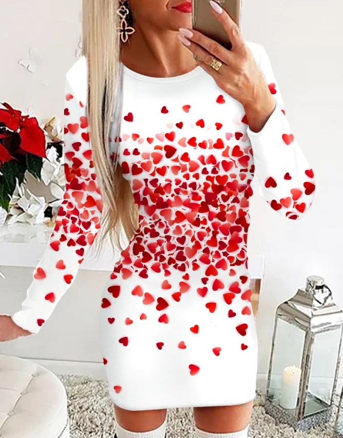 

Dresses for Women 2024 New Spring Sweet Heart Print Long Sleeve Bodycon Dress Round Neck Contrasting Casual Dress Short Dress