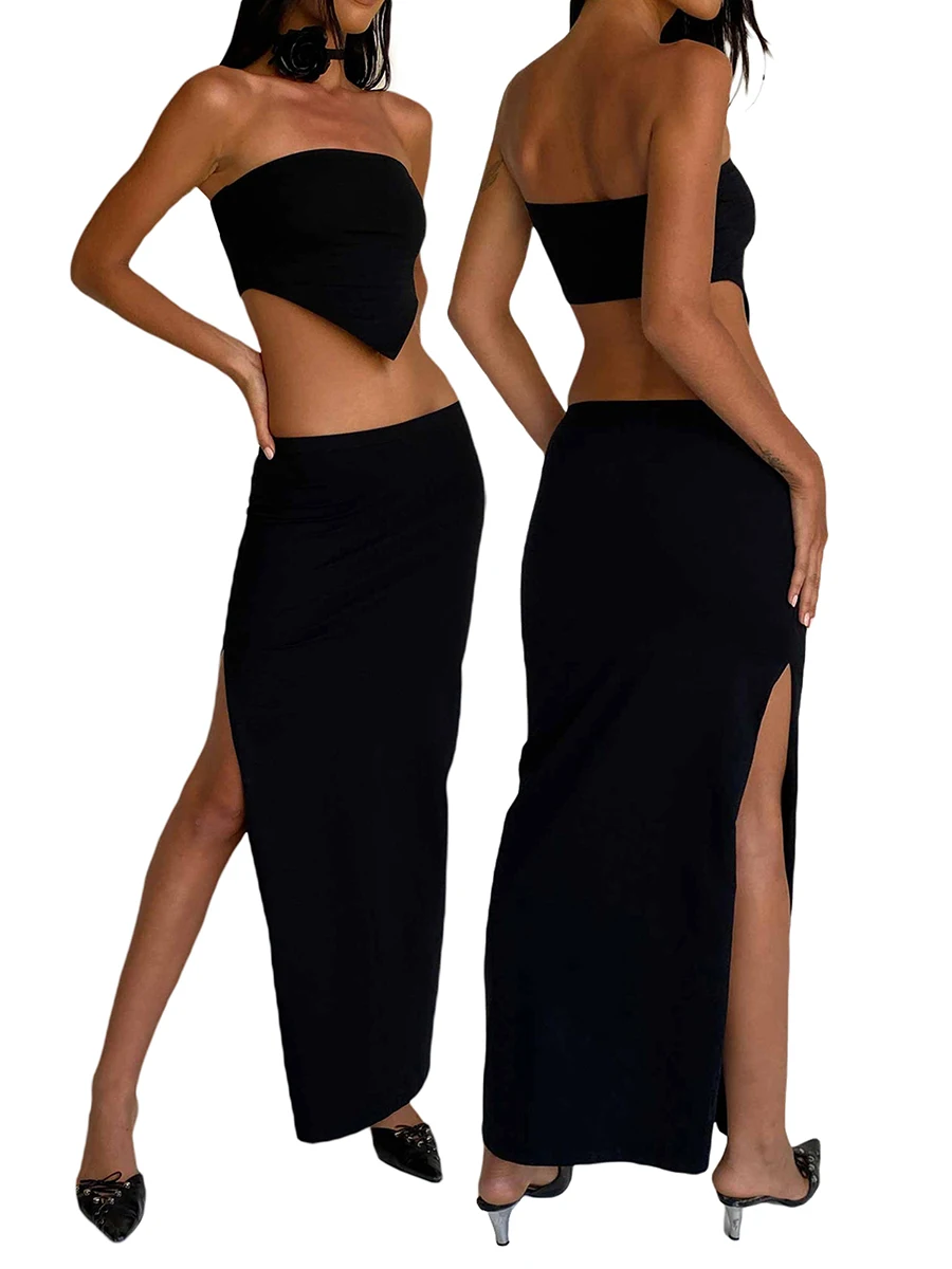 

Women’s Two Piece Summer Outfits Strapless Hanky Hem Tube Tops and Long Skirt Set Beachwear