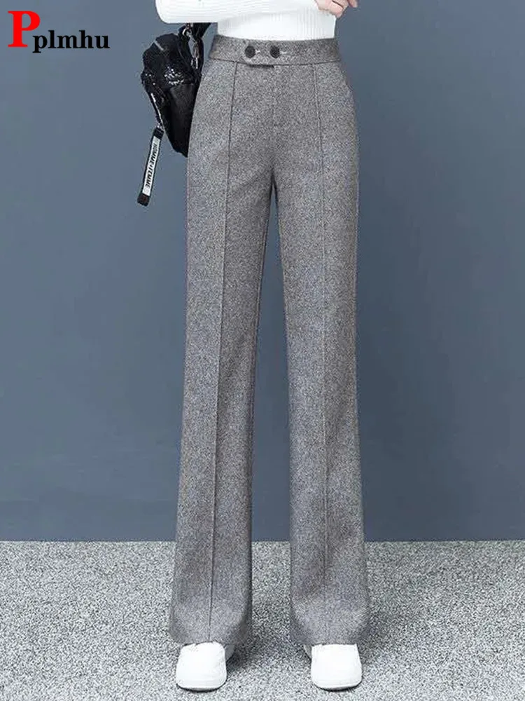 

Big Size Thick Wool Blend Straight Pants Korean style Woolen Wide Leg Pants Womens Winter Casual New High Waist Loose Trousers