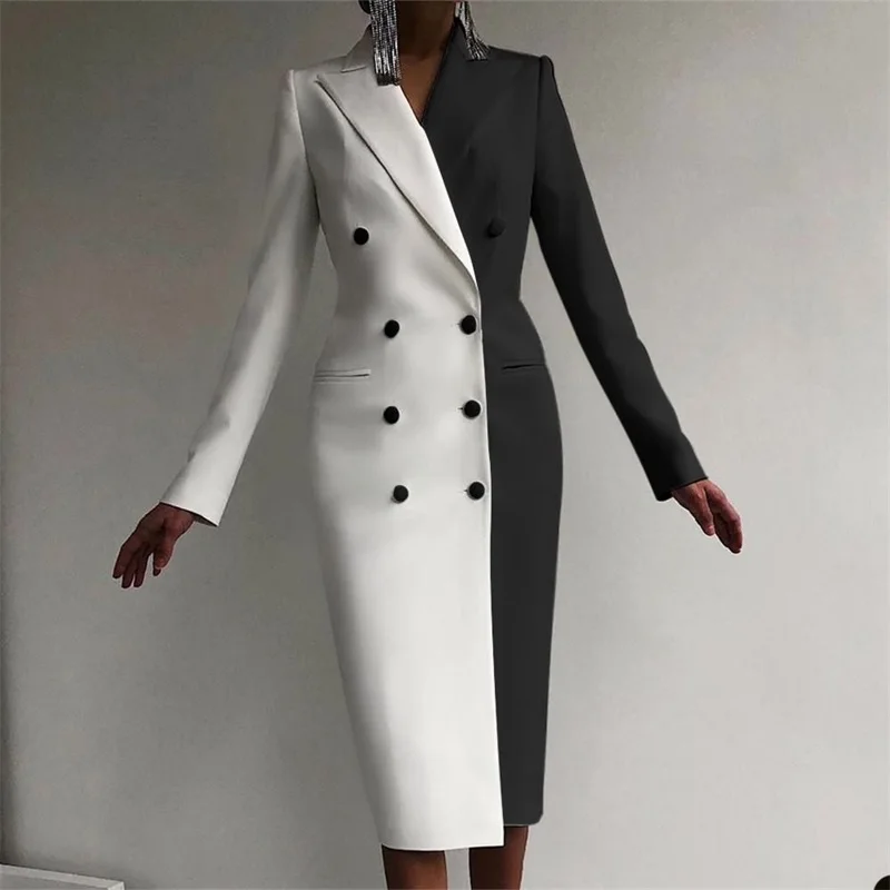 Blazer largo de Color blanco y negro para mujer, doble botonadura Formal con traje de noche, chaqueta personalizada hasta el tobillo