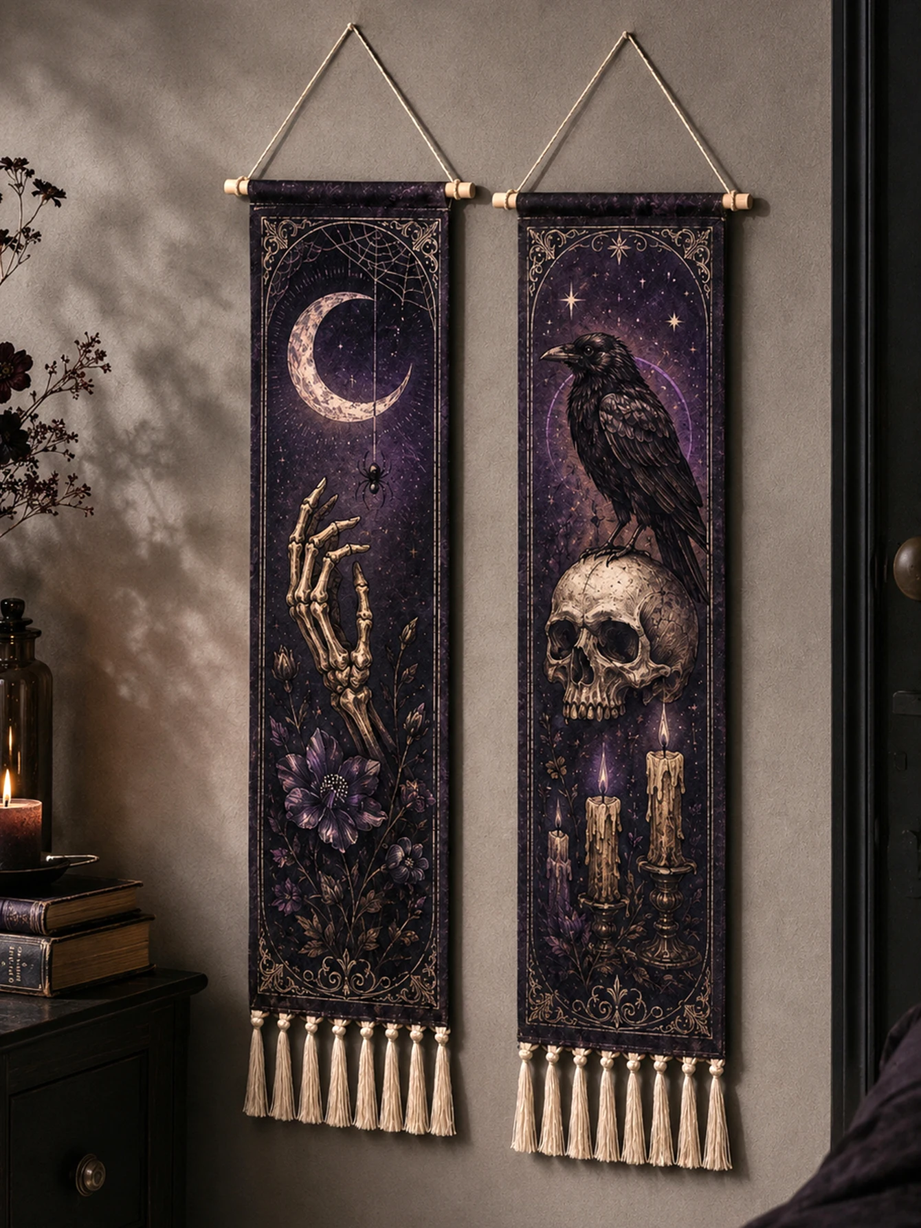 Halloween-Wandteppich mit Quasten, Gotische Hexe, Schwarze Katze, Krähe, Geisterhaus, Totenkopf-Druck, Vintage Grusel-Wandbehang Deko – Detail 38