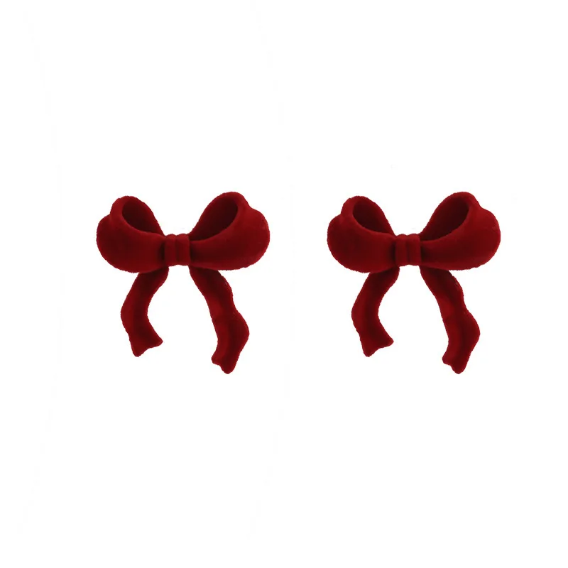 French New Stud Earrings Red Velvet Alloy Bowknots Sweet Velvet Earrings Jewelry Accessories Gift