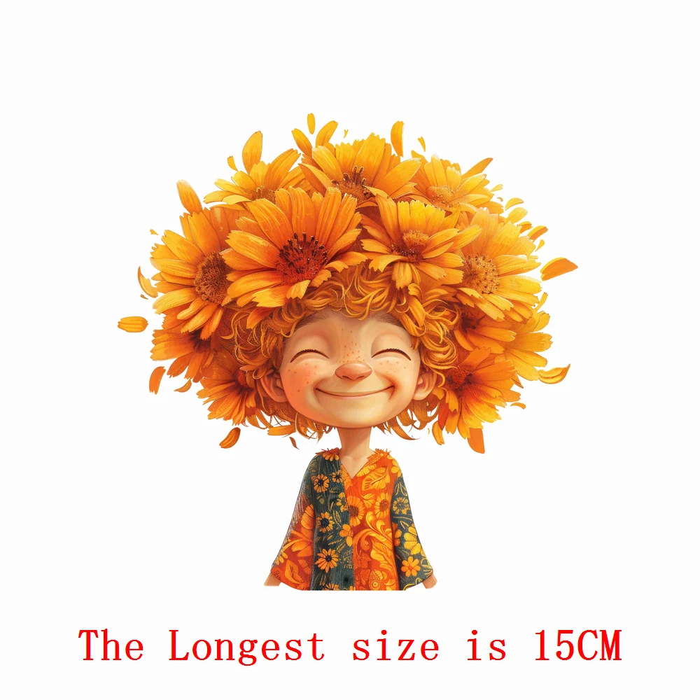 15cm Creative Spirit Of Flower Girl Boy Iron On Heat Transfer Sticker For Clothes Pinted Vinyl Thermal Washable T-Shirt Decal