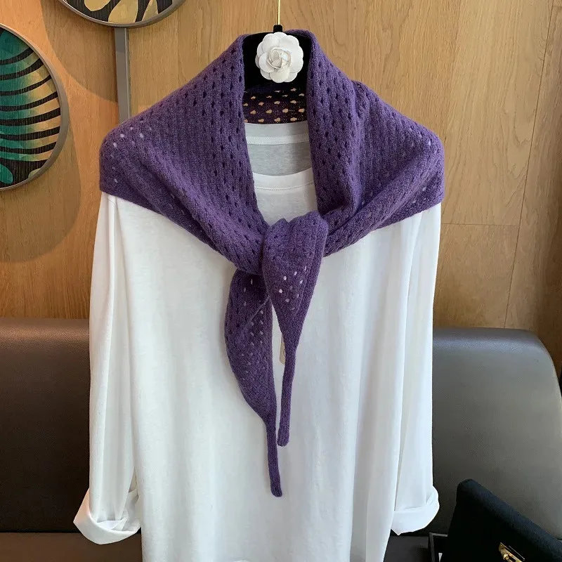 

British Korean Niche 100% Wool Knitted Triangular Scarf Women Hollowed-out Headscarf Multi-functional Warm Knitted Scarf