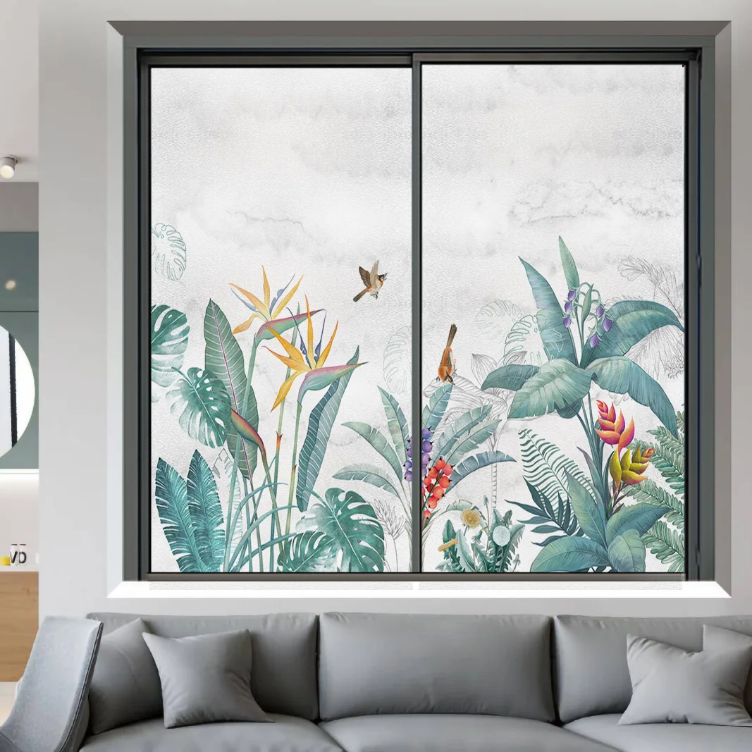 Small Fresh Glass Film Electrostatic Window Paper Bathroom Balcony Kitchen Frosted Opaque Green Plants Window Film Stickers