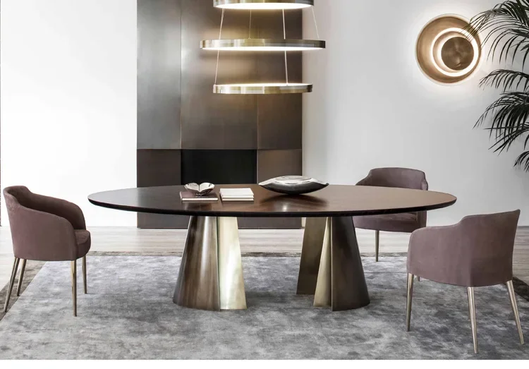 Lauren Black Gold Marble Dining-Table Stainless Steel Dining Bench Designer Modern Light Luxury Oval Round Table