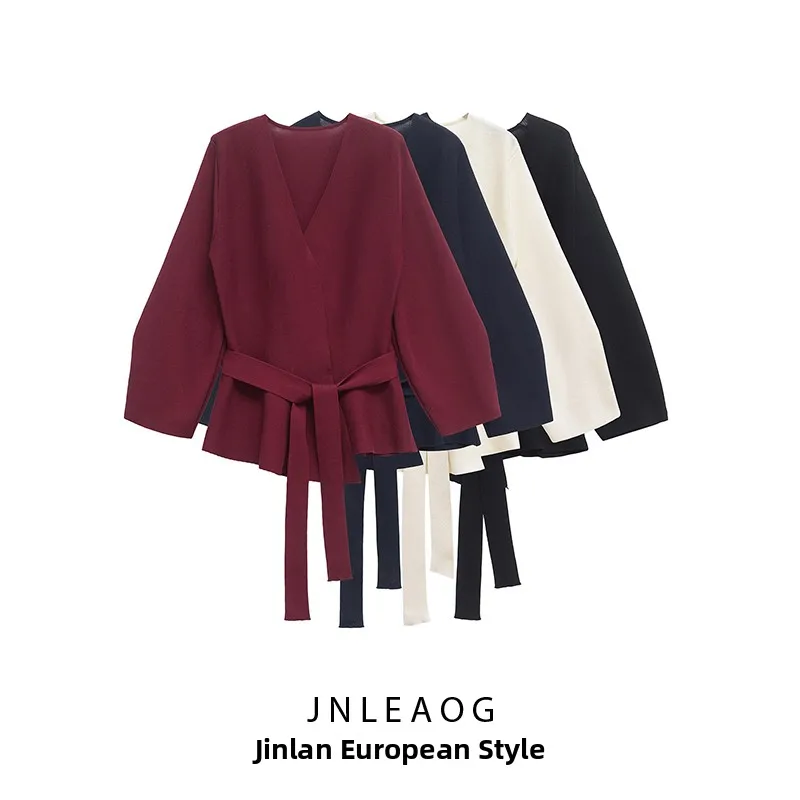 

JNLEAOG Faionable Knitted Jaet with Belt oulder Pad Design Women's Autumn New Sle V-Ne ort Outerwear