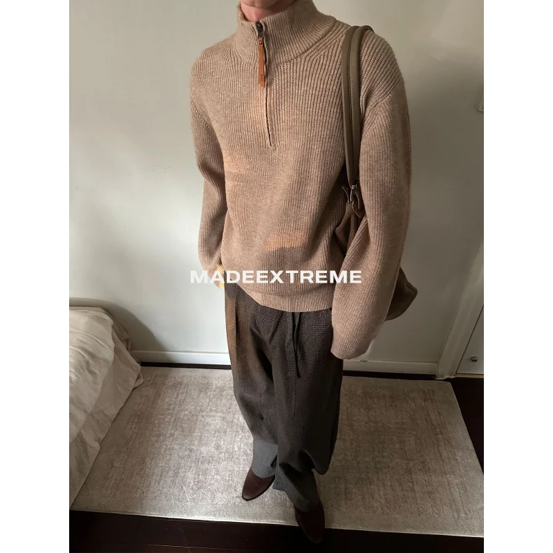 

EME Autumn Retro Stand Collar Knit Sweater High-end Old Money Style Loose Solid Color Half-zip Casual Sweater for Men and Women