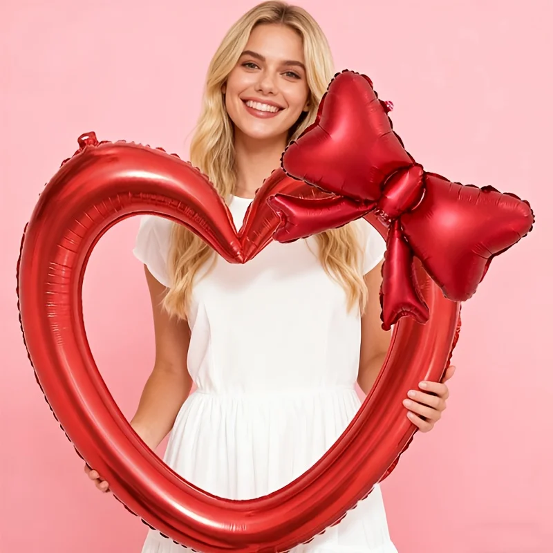 1 ensemble de ballons en feuille d'aluminium rouge en forme de cœur creux avec nœud rouge mat, pour les fêtes d'anniversaire, la Saint-Valentin, les décorations de mariage, cadre photo ballon