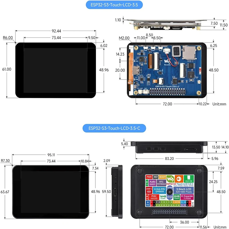 Waveshare ESP32-S3 3.5inch IPS 320x480 Touchscreen LCD Display Development Board with Camera for Arduino IDE ESP-IDF AI deepseek