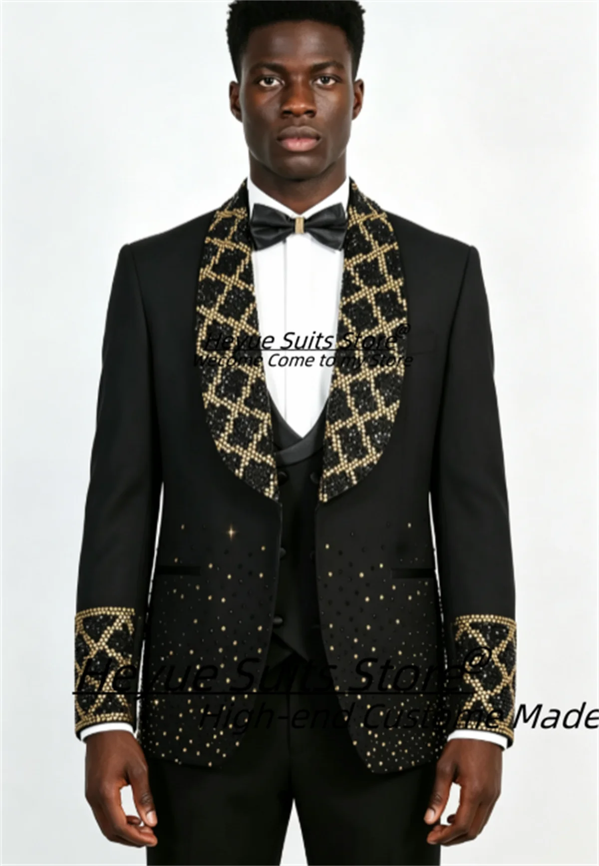 Customzied Black Gold Rhinestone Men Suits Slim Fit Shawl Lapel Grid Beaded Groom Banquet Tuxedos 2 Pieces Sets Costume Homme