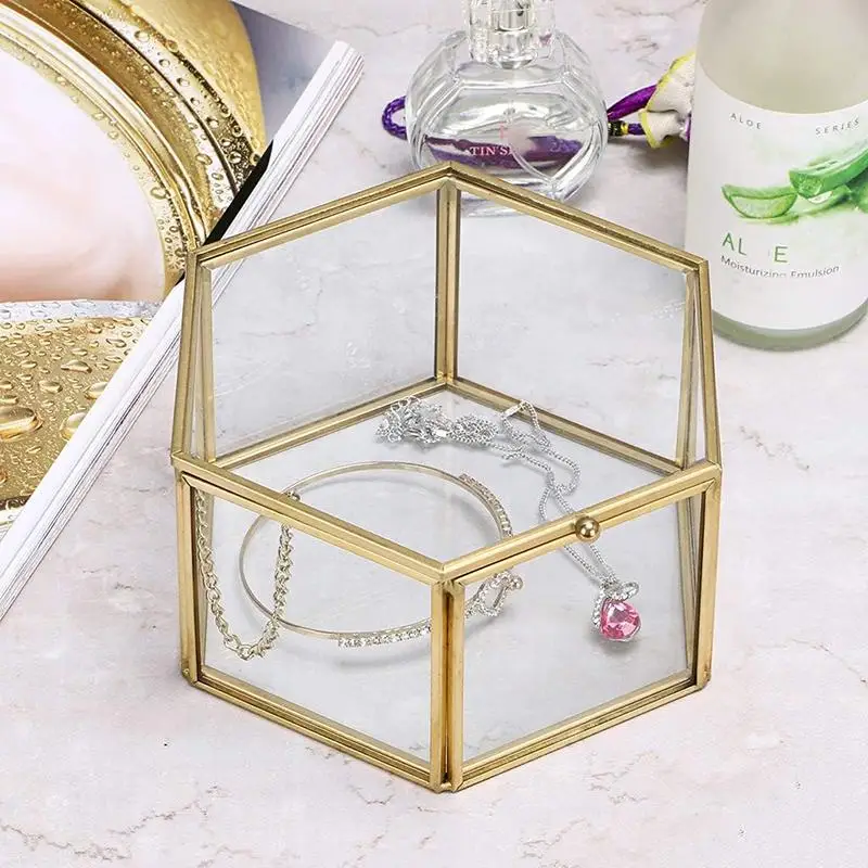Elegante Ringbox Transparente Glasbox Schmuck-Organisationsbox Sechseckige Hochzeitsringbox Sechseckige Ringbox im europäischen Stil – Detail 5