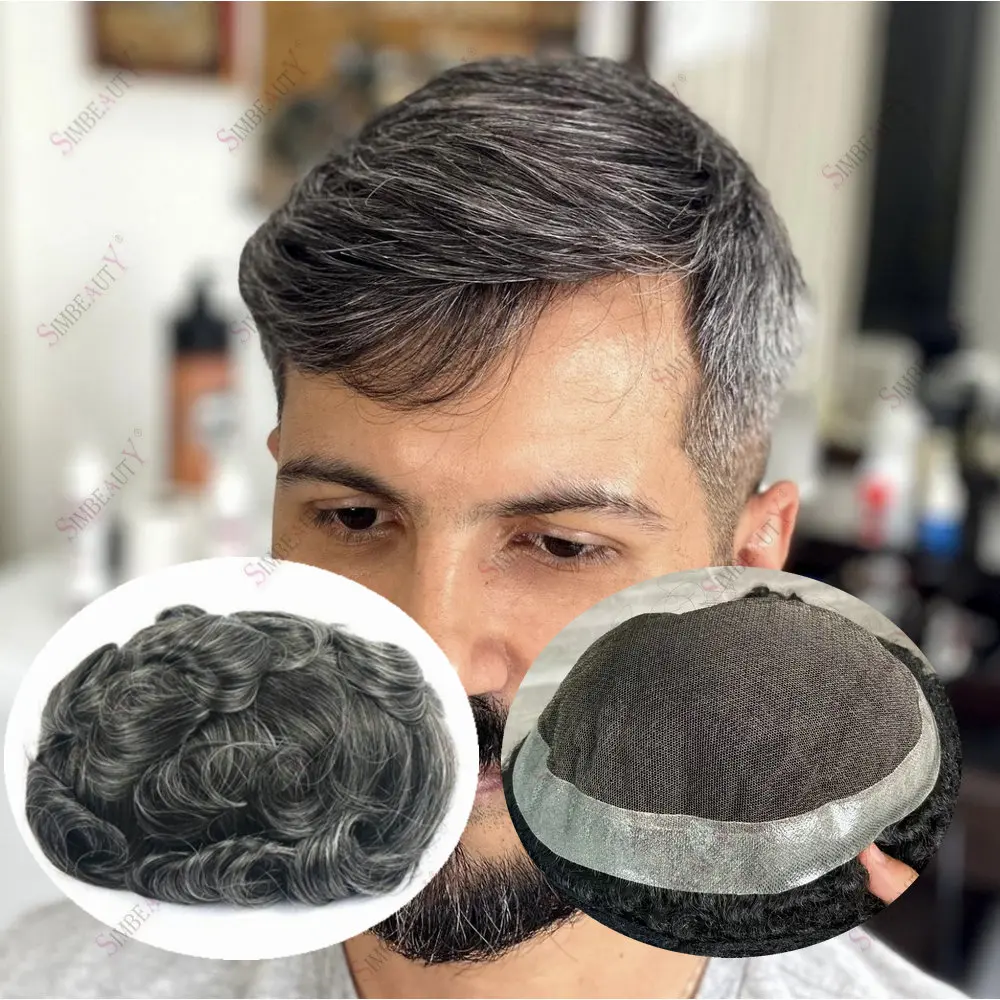 

1B30# Black Grey Australian Base French Lace With PU Around Stock Mens Toupee 7x9inch Real Human Hair Male Wigs Capillary System