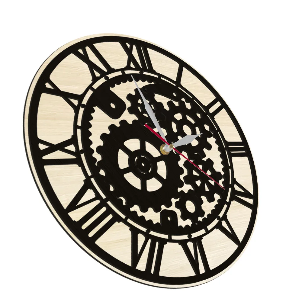 Mechanical Gear Skeleton Wooden Wall Clock For Bedroom Steampunk Home Decor Wall Watch Industial Style Clock With Roman Numerals