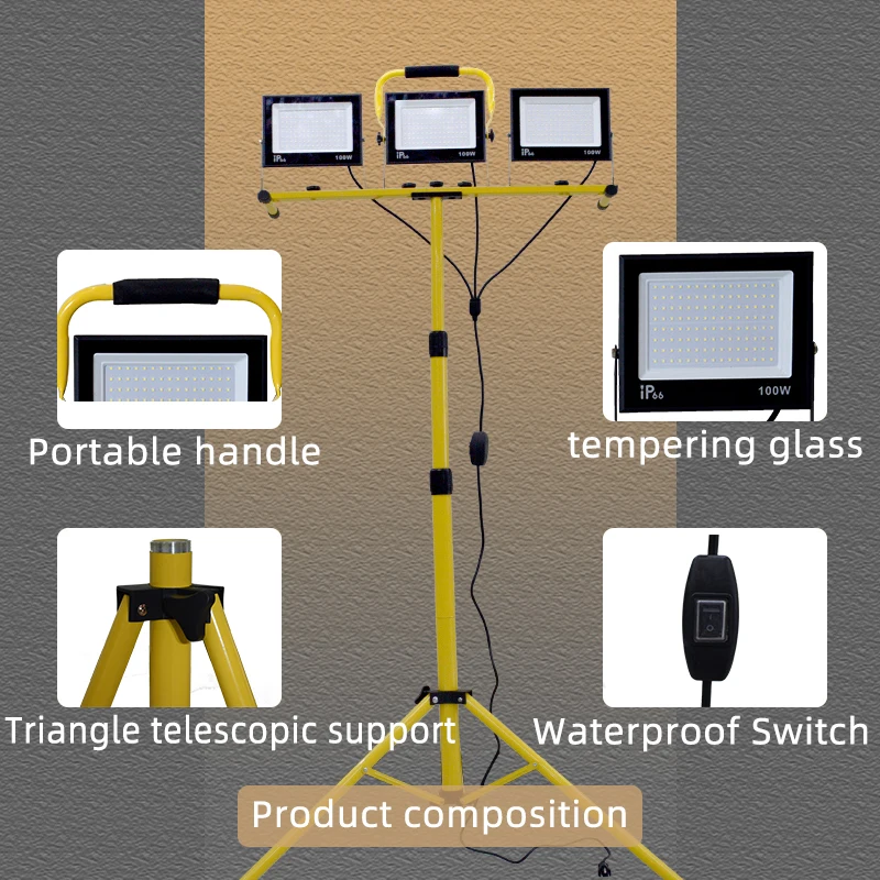 Imagem -03 - Portátil Camping Led Projector 3x100w Luz com 2m Tripé Altura Ajustável Trabalho ao ar Livre Fotografia Stand Fill Light