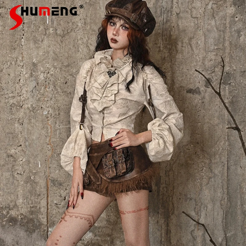 

Original Punk Retro Elegant Long Sleeve Shirt for Women Spring Female Slim Fit Stand Collar Ruffle Blouses Lady Party Shirts