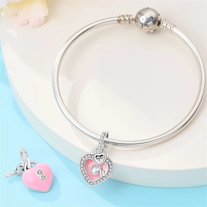 925 Sterling Silver Charms Pendant CZ Zircon Pink Heart Lock Dangle Fit Original Bracelet DIY Women Jewelry Gift