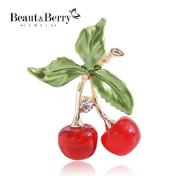 Beaut&Berry Trendy Enamel Red Cherry Brooches for Women Unisex Food Fruit Pins Party Accessories Gifts