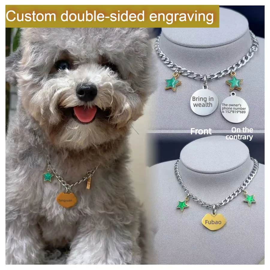 Custom Dog Name Necklace Stainless Steel Pet Jewelry Bling-Bling Western Hip-Hop Style Accessory Trendy Anti-Loss ID Tag for Pet