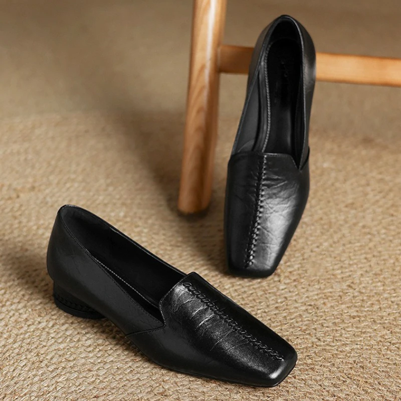 

Black Leather Low Heel Mary Jane Shoes Women Fashion Sewing Design Square Toe Pumps Casual Comfortable Commute Office Shoes