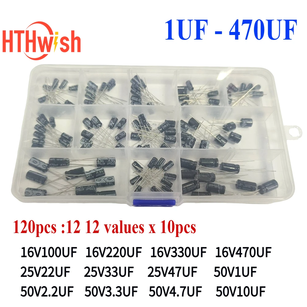 120pcs Aluminum Electrolytic Capacitor DIY Kit, Range 1μF-470μF, Voltages 16V/25V/50V, 12 Values Each 10pcs, Electronic Componen