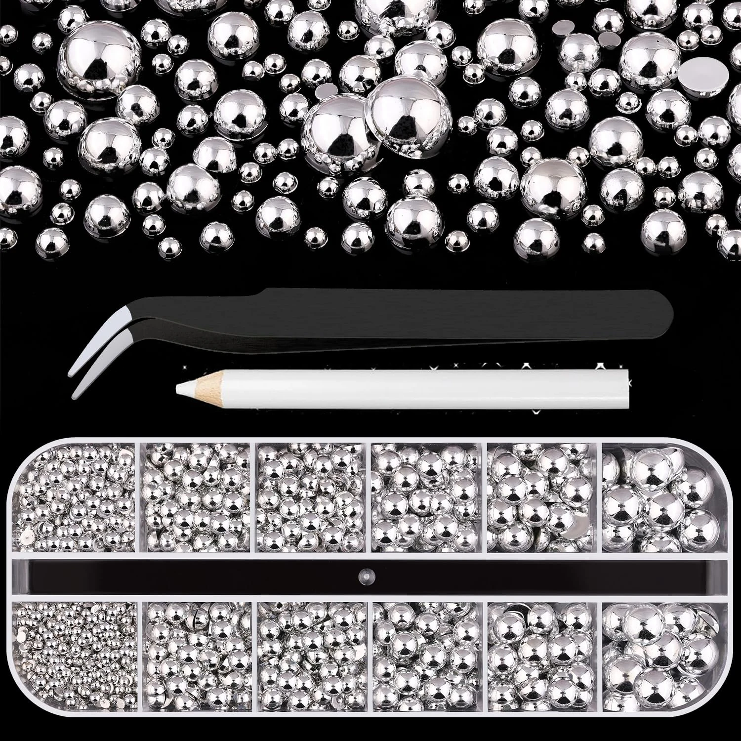 12 Grids Gold+Silver 3D Nail Charms Mixed Size Flat Back Jewel Round Beads y2k Pearls Nail Art Decoration DIY Accessories Parts