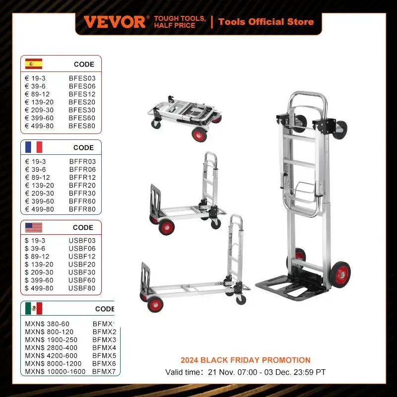 VEVOR 400 lbs Folding Hand Truck Lightweight Dolly with Wheels Foldable Luggage Utility Cart for Transport Moving in Warehouse