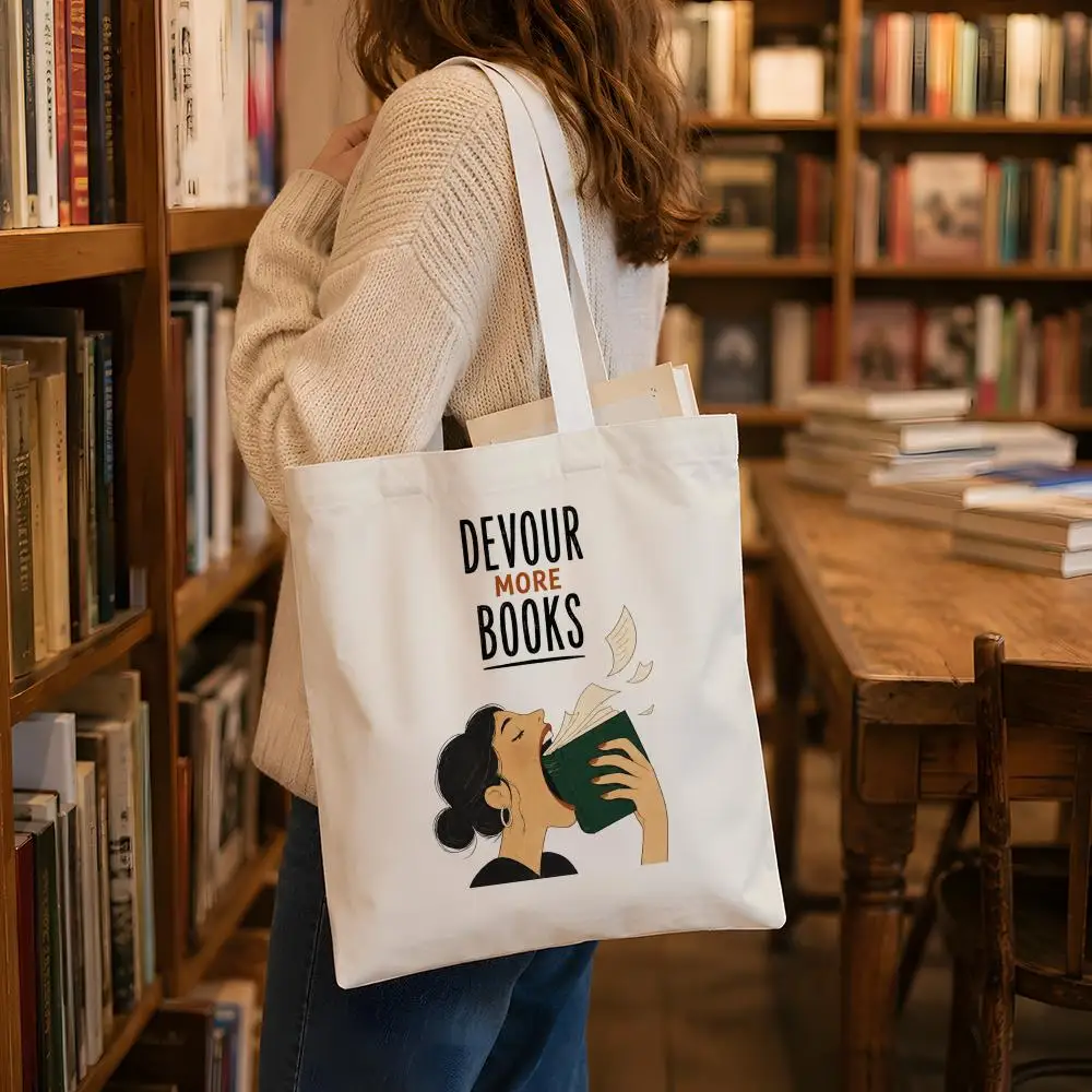Vintage Bookworm Reader Storage Bags Canvas Tote Bag Large Capacity Reusable  Shopping Commute Grocery Shoulder Bag Gift