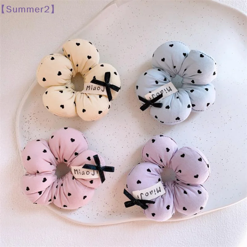 【Xia2】Cute Flower Shaped Hair Scrunchies For Kids Girls Sweet Heart Printed Bow Elastic Hair Ties Fashion Hair Accessories{S}