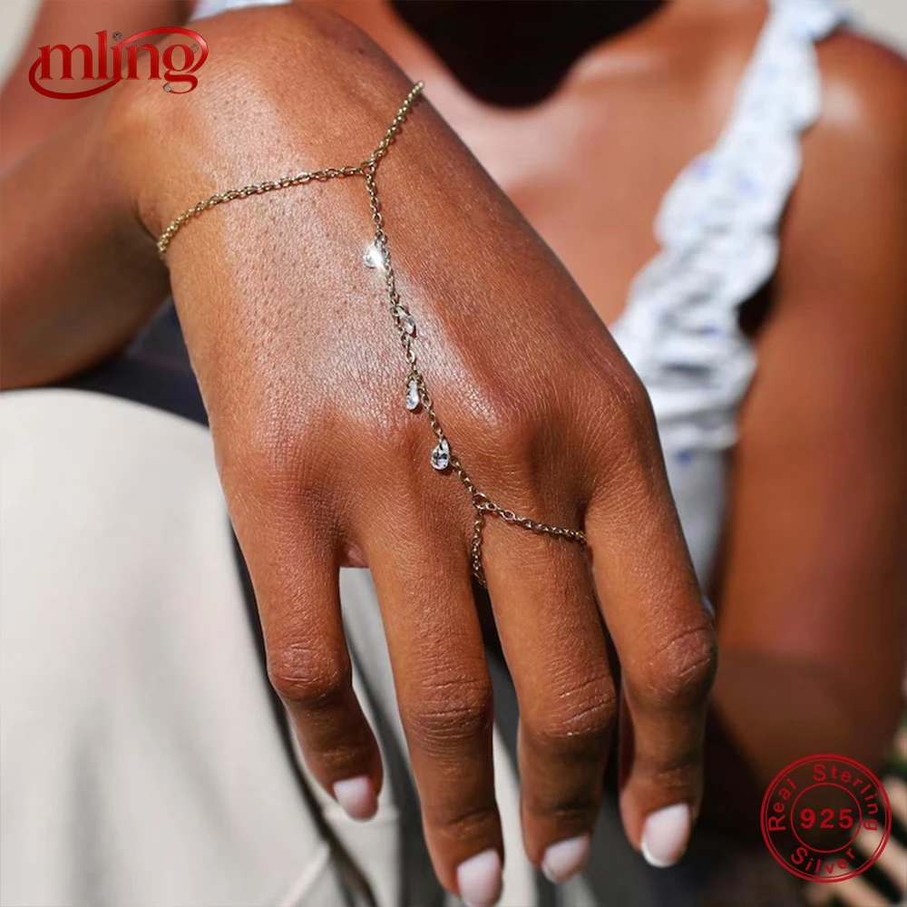 

MLING 925 Sterling Silver Classic Finger Hand Chain Bracelets For Women INS Geometric CZ Eight-pointed Star Bracelets Jewelry