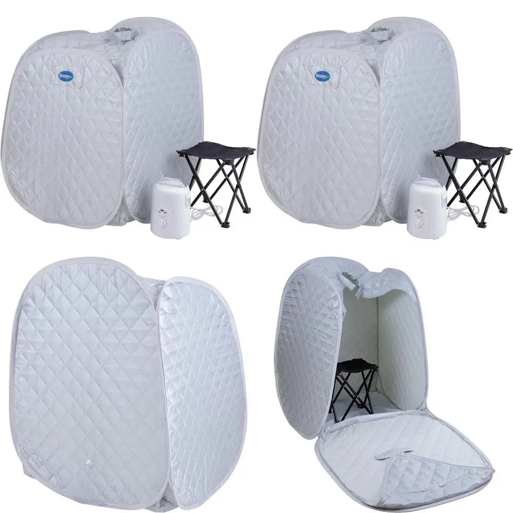 

Портативная паровая сауна с генератором 800 Вт, палаткой, таймером на 60 минут, стулом, двойной молнией, передним отсеком для хранения - серебристая, для домашнего спа и релаксации