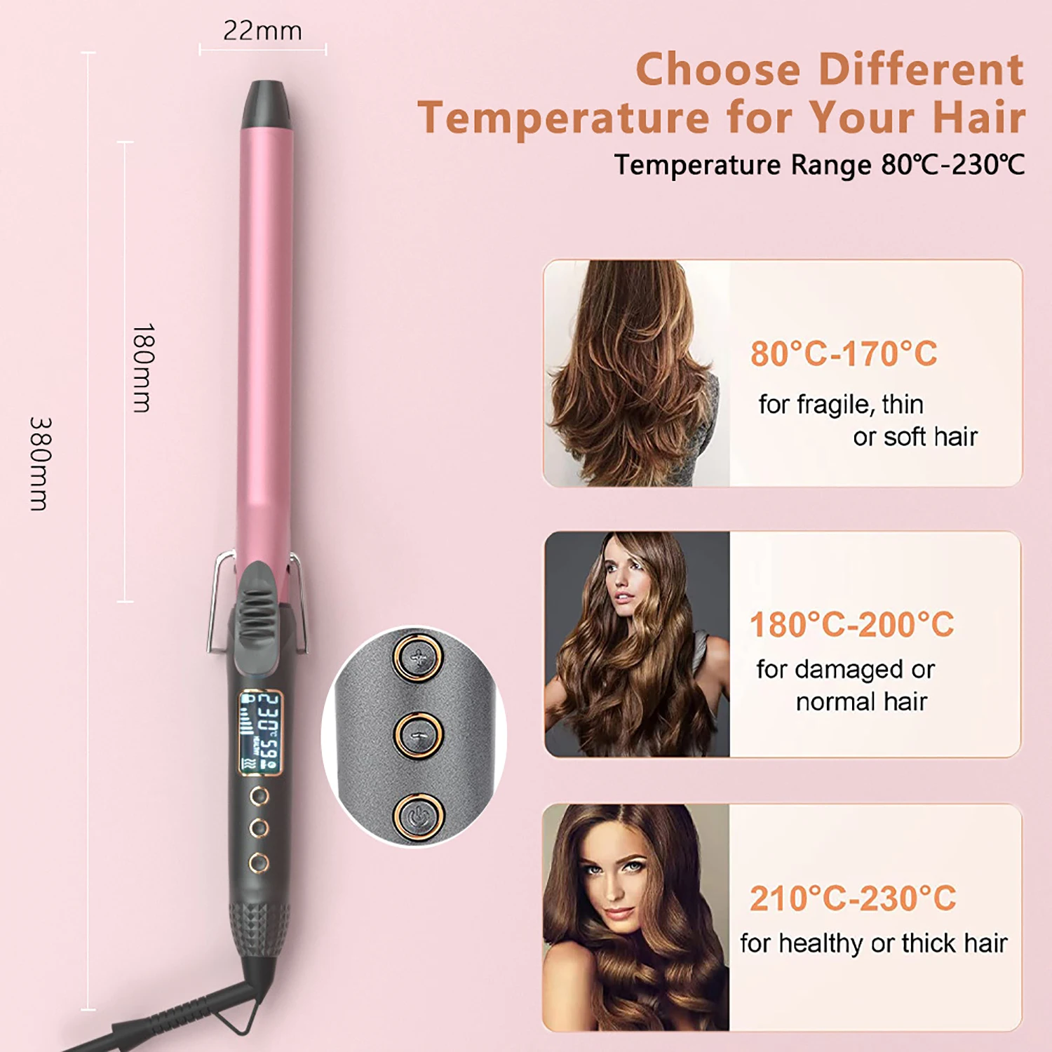 Hair Styling Wand Curler，9mm/19mm/22mm/25mm/28mm/32mm/38mm Long Barrel Curling Iron with LCD Display