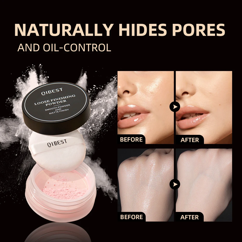 QIBEST Face Loose Powder Minerals Matte Setting Powder Translucent Waterproof Oil-Control Finishing Powder Makeup Invisible Pore