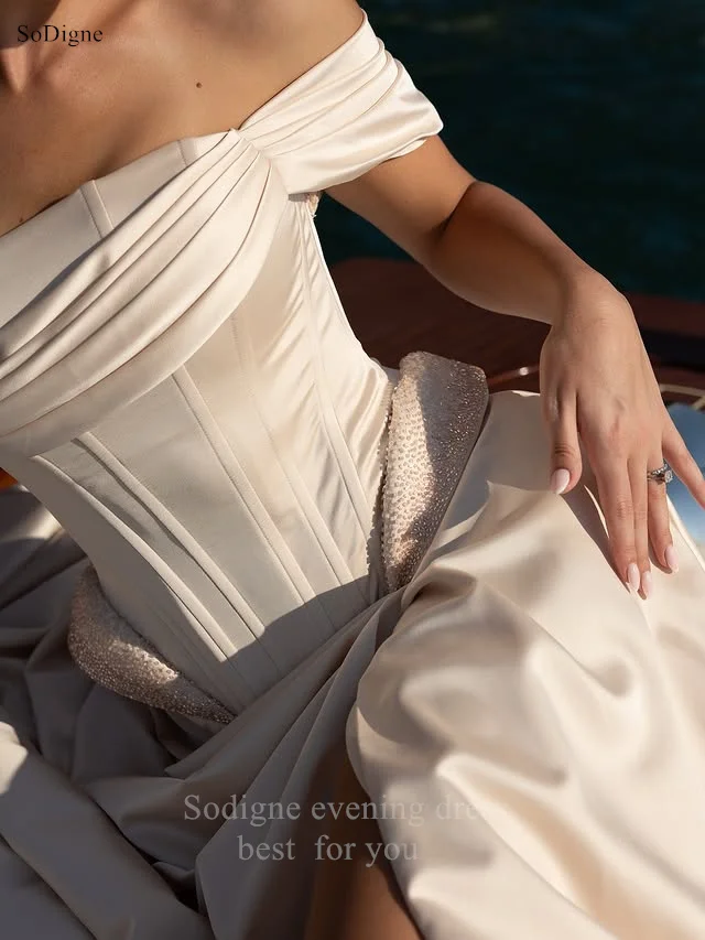 

SoDigne Elegant A-Line Satin Evening Dresses Off The Shoulder Pleats Side Slit Party Dress Sequined Formal Prom Gowns Customized