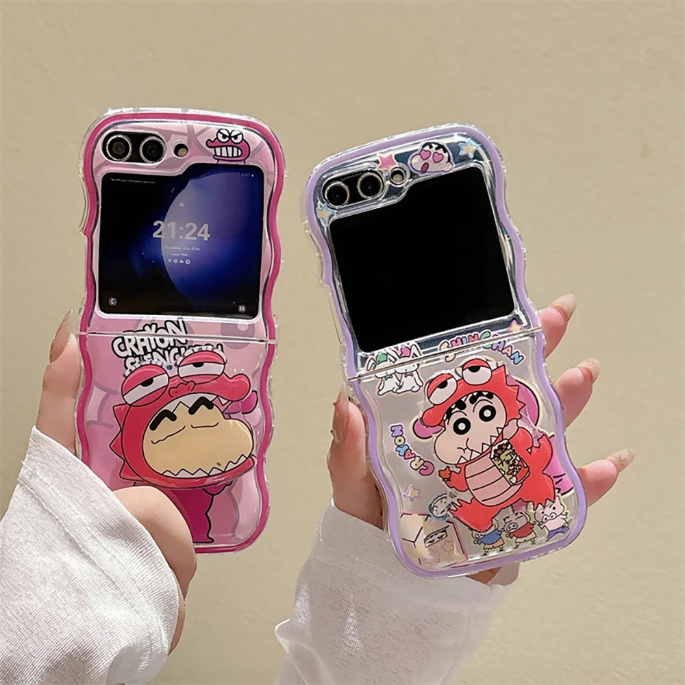 Cartoon Anime Noharas Shinnosukes with Bracket Phone Case for Samsung Galaxy Z Flip 3 4 5 5G PC Hard Anti-drop Clear Back Cover