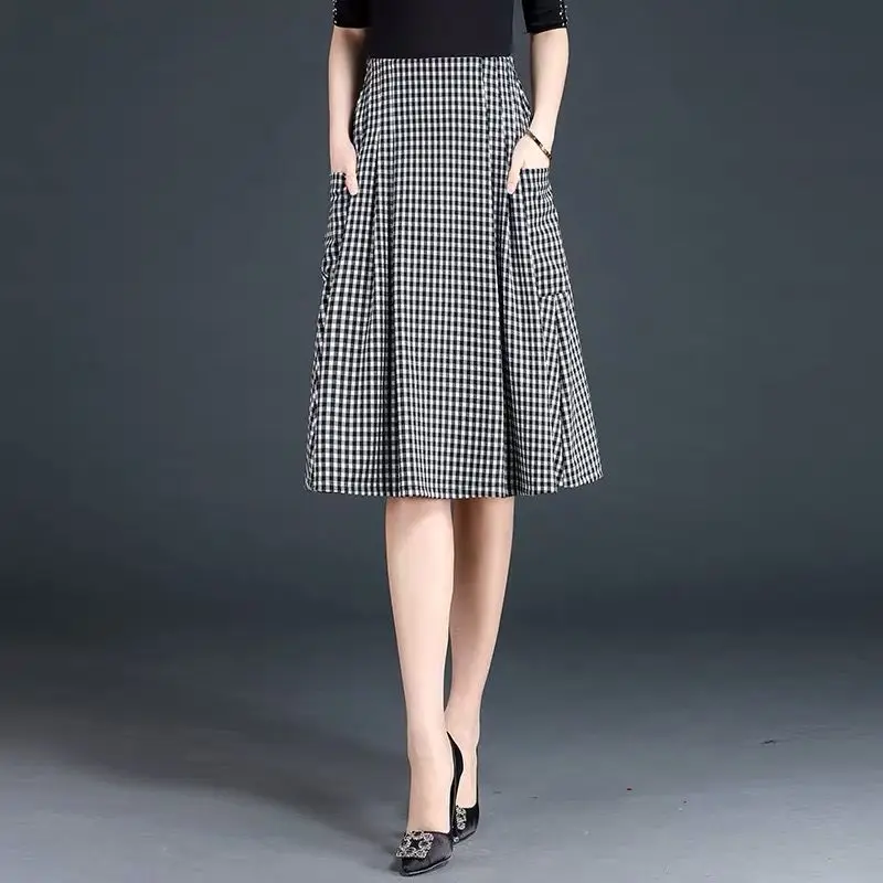 Office Lady Fashion Plaid Skirts Korean Streetwear Female Clothing Elastic Waist Vintage Women Spring Summer Casual A-line Skirt