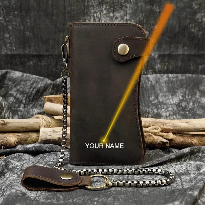 Męski portfel z łańcuszkiem Vintage Crazy Horse Skórzany portfel z łańcuszkiem z prawdziwej skóry Bifold Długi portfel z zatrzaskiem Kieszeń na monety Rfid