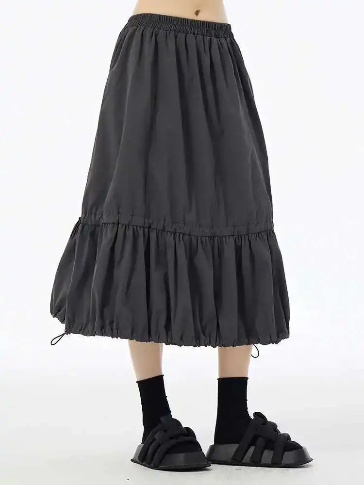 High Elastic Waist Black Drawstring Pleated A-line Half-body Skirt Women Fashion Tide New Spring Autumn