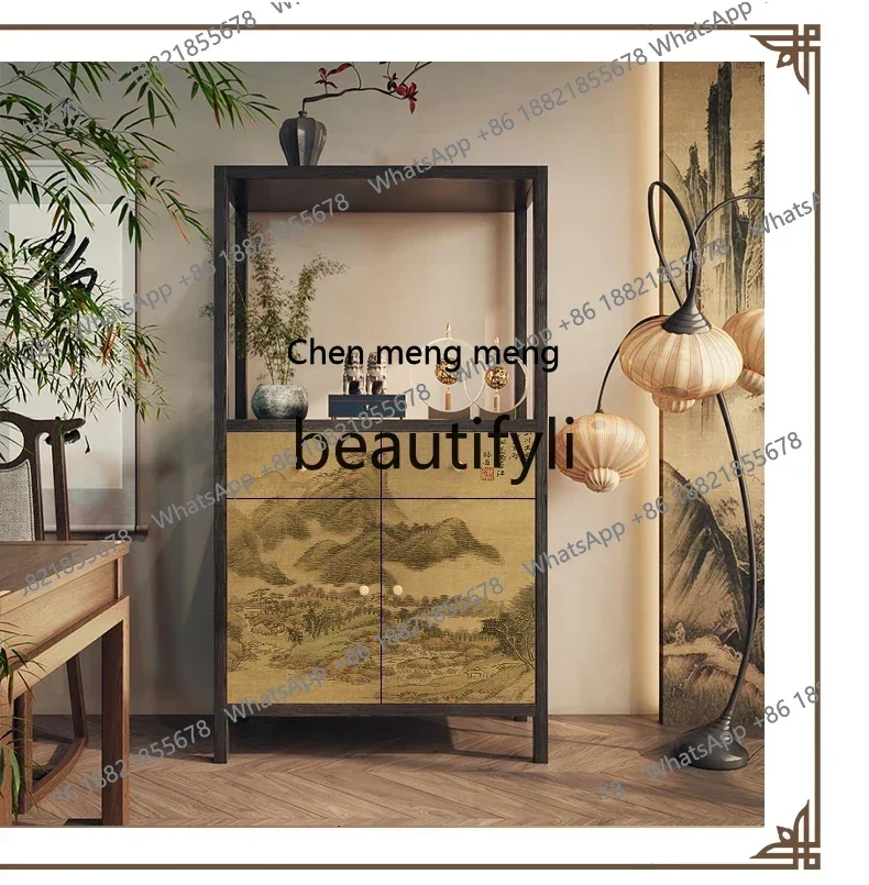 New arrive New Chinese Style Retro Solid Wood Living Room Bedroom Multifunctional Sideboard Storage Cabinet with Landscape Paint