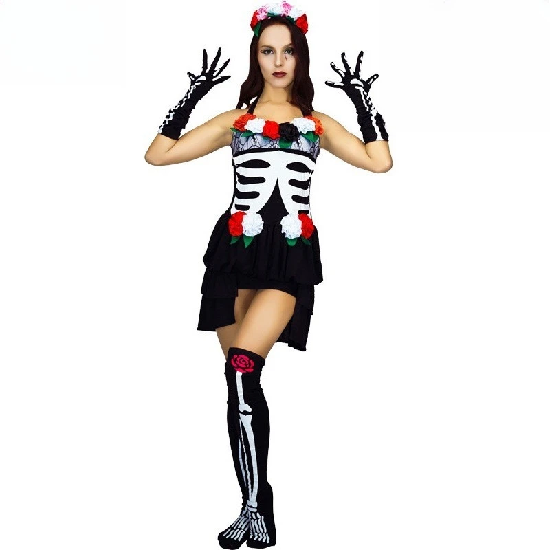 

Skeleton Costume Women Halloween Ghost Dress Gothic Masquerade Outfit Stage Performance Bone Print Cosplay Scary Party Wear