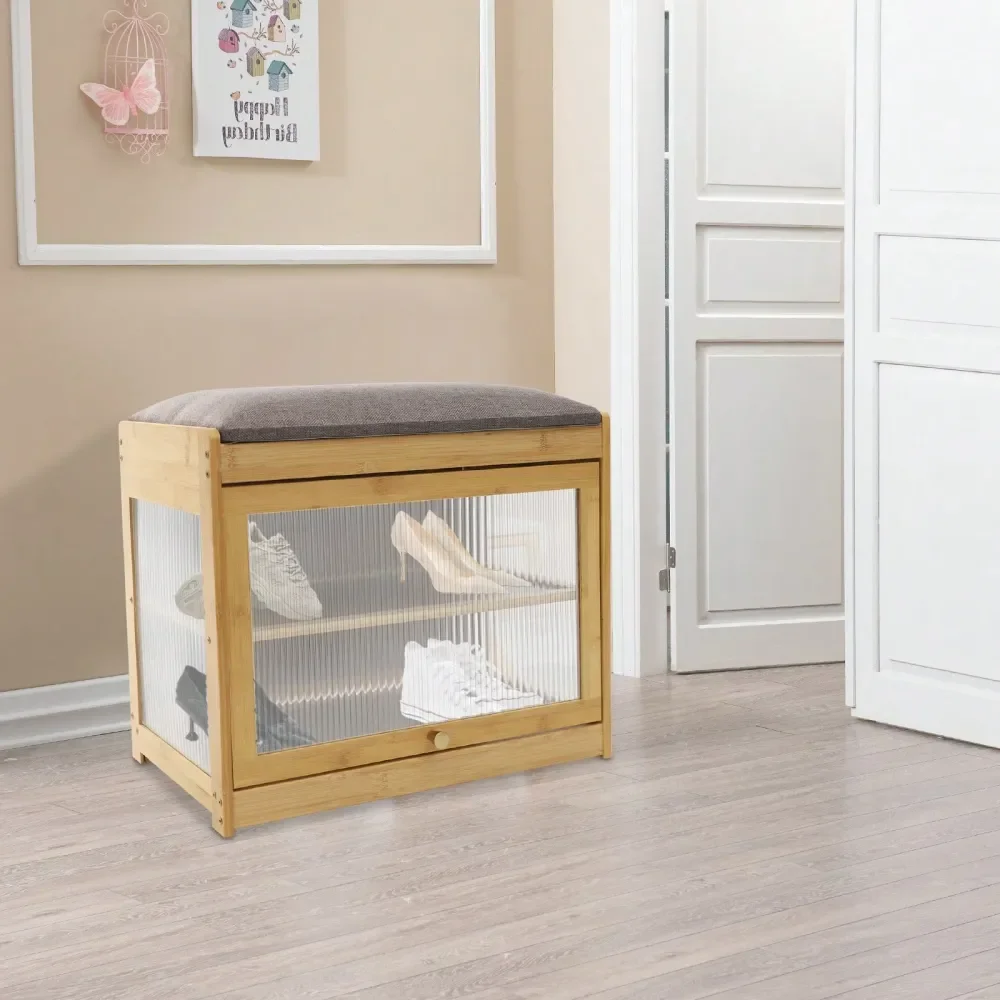 

Entryway Shoe Bench, 2 Tiers Shoe Rack Bench With Cushion, 19.6912.617.32in Shoe Rack Bench With Storage Space For Entrances, H