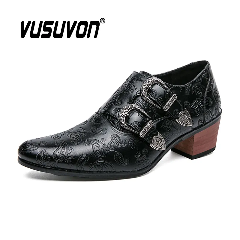 Men Monk Shoes Thick 5CM High Heels Split Leather Black Casual Dress Fashion Pattern Heighten Classic Wedding Party