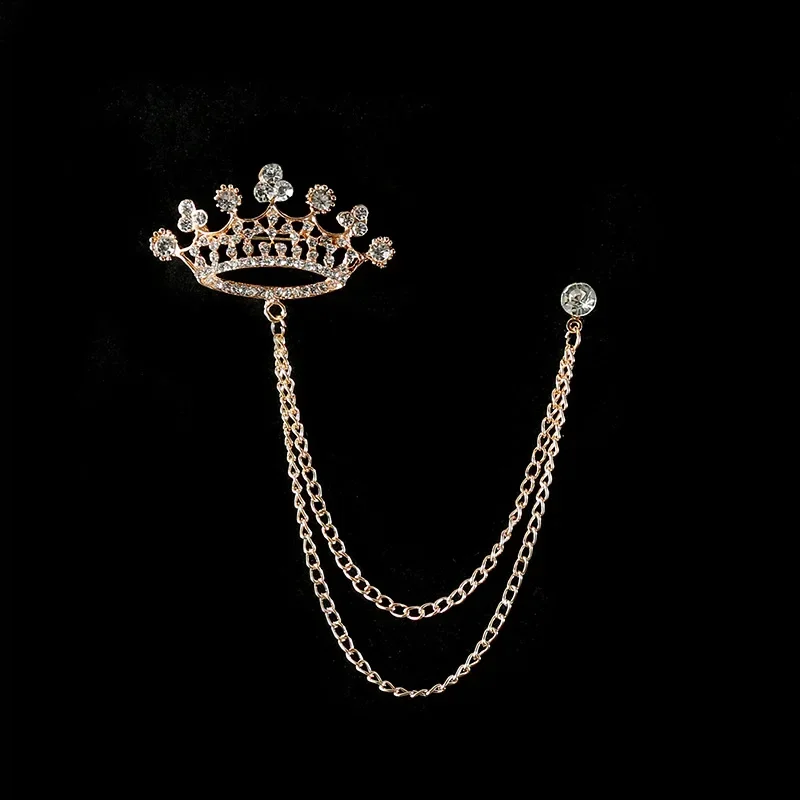 High-end Crown Brooch Rhinestone Tassel Chain Lapel Pins Gold Silver Color Metal Badge Fashion Collar Clothing Accessories