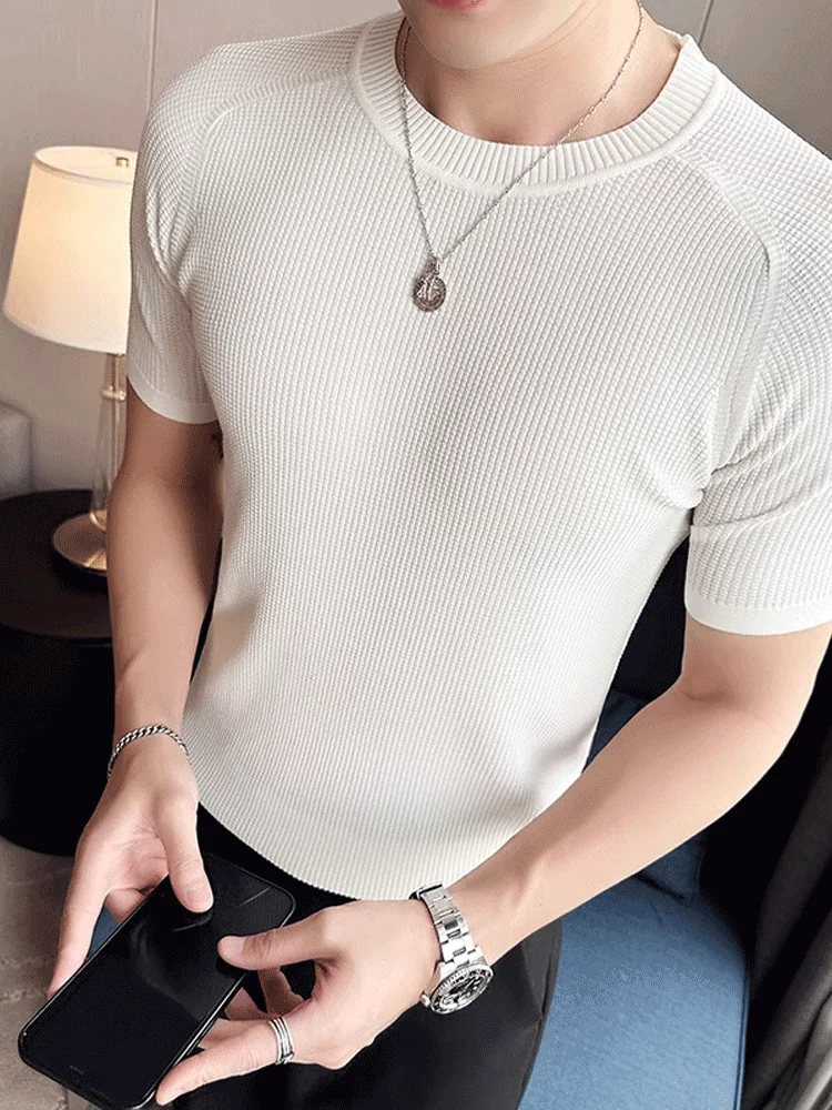 Slim Fit Short Sleeve Knitted T-Shirt Men's Summer New Style Heavy Weight Breathable round Neck Fashionable Casual Top