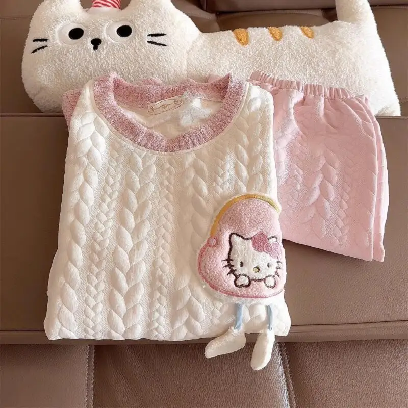 

Sanrio Hello Kitty женский многослойный пижамный комплект из воздушного хлопка с длинными рукавами, милый мультяшный осенне-зимний уютный домашний уличный пижамный комплект