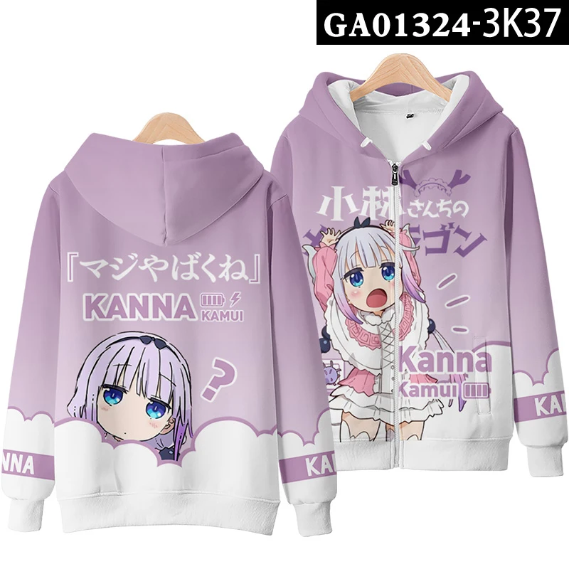 3D อะนิเมะมังกรของนางสาวโคบายาชิ Zip Up Hoodie Kobayashi San Chi ไม่มีแม่บ้าน Dragon Kanna Kamui คอสเพลย์ Zipper Hooded JACKET