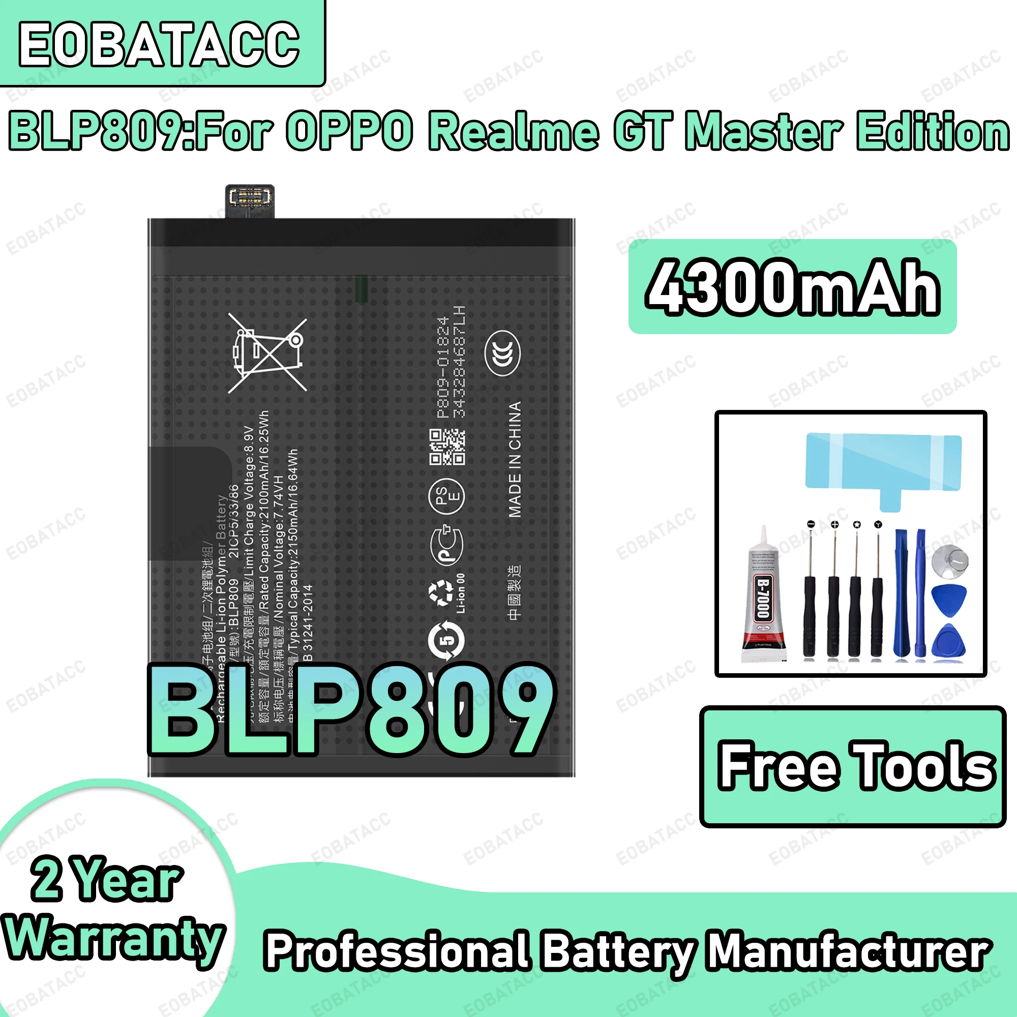 

4300mAh 100% New BLP809 Battery For OPPO Realme GT Master Edition Replacement Bateria+Free Tools