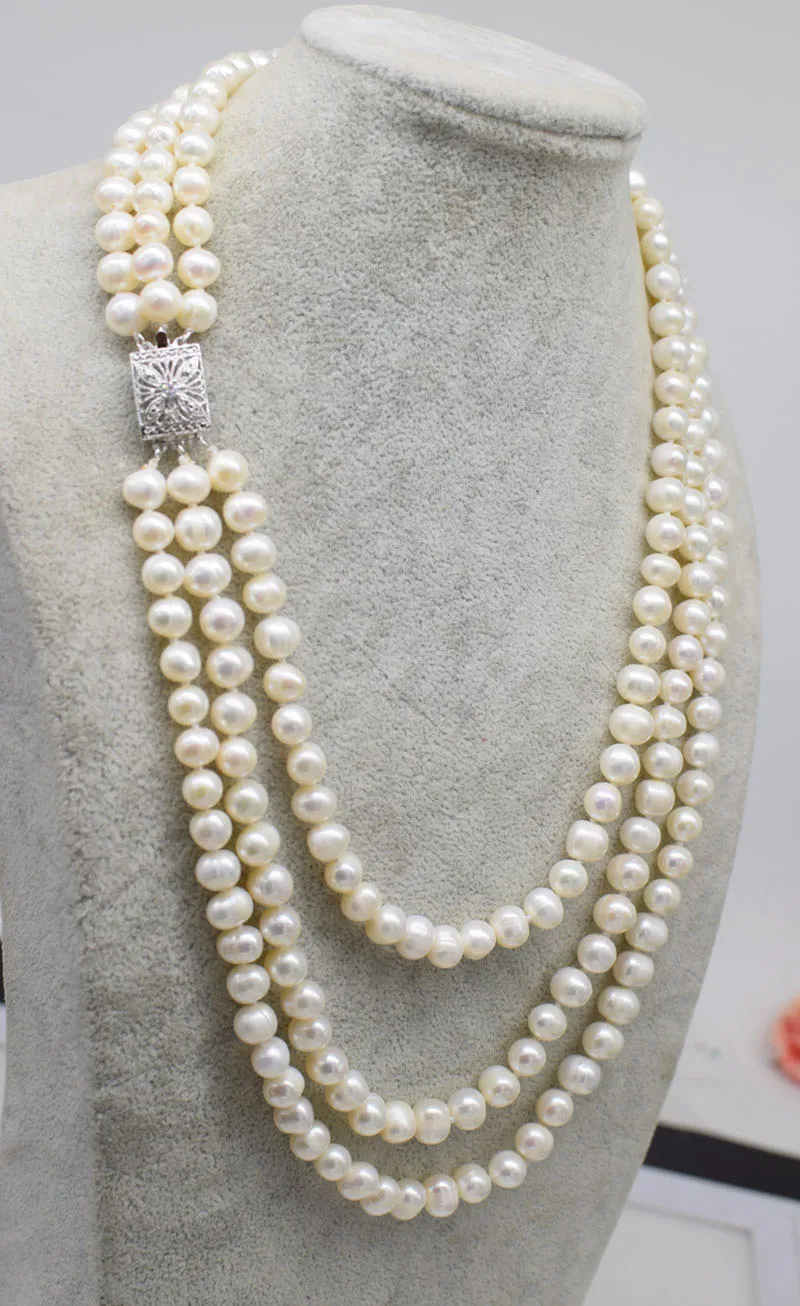 

Hand knotted necklace 3rows white near round 7-8mm 17-20"nch natural freshwater pearls fashion jewelry