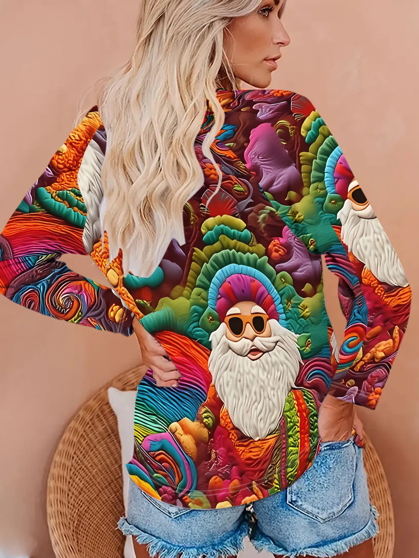 New Women Round Neck Long Sleeve T-shirt Colorful Santa Claus Street Print Casual Top Spring Autumn Ladies Daily Wear - view 2