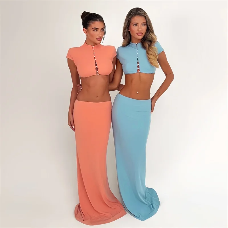 Sexy Solid Two Piece Prom Dress Cap Sleeve Button Cutout Crop Top Maxi Skirt Party Gown Slim Bodycon Evening Birthday Robe
